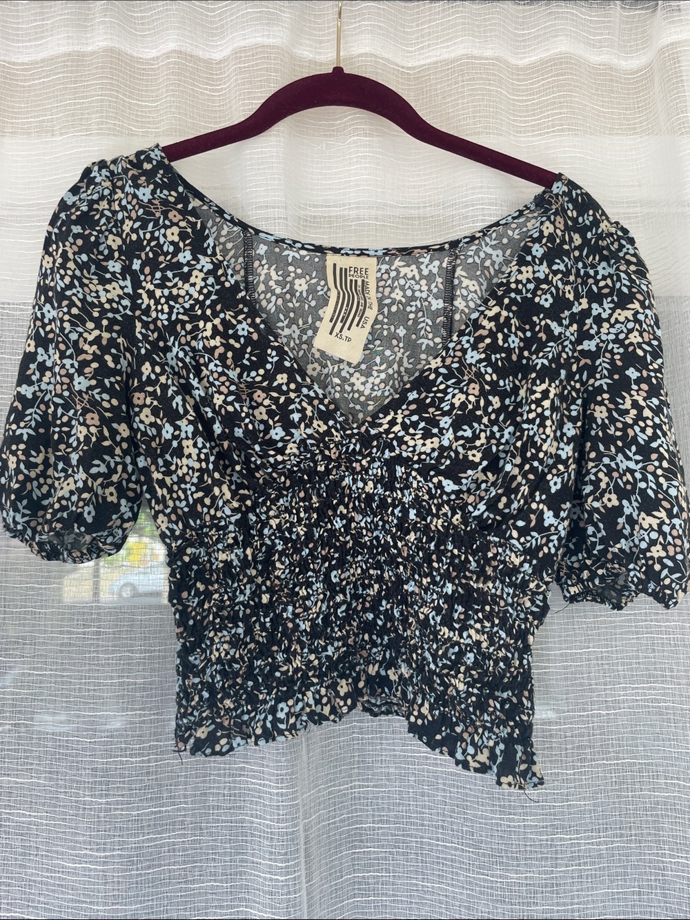 Free People Black Floral Smocked Peplum Crop Top with Cream and Light Blue Print
